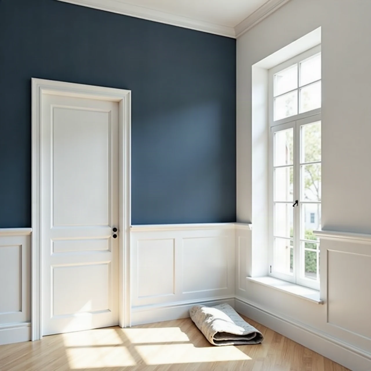 Bright modern living room interior with freshly painted smooth walls in soft warm white and one deep navy accent wall, crisp white trim and baseboards, natural